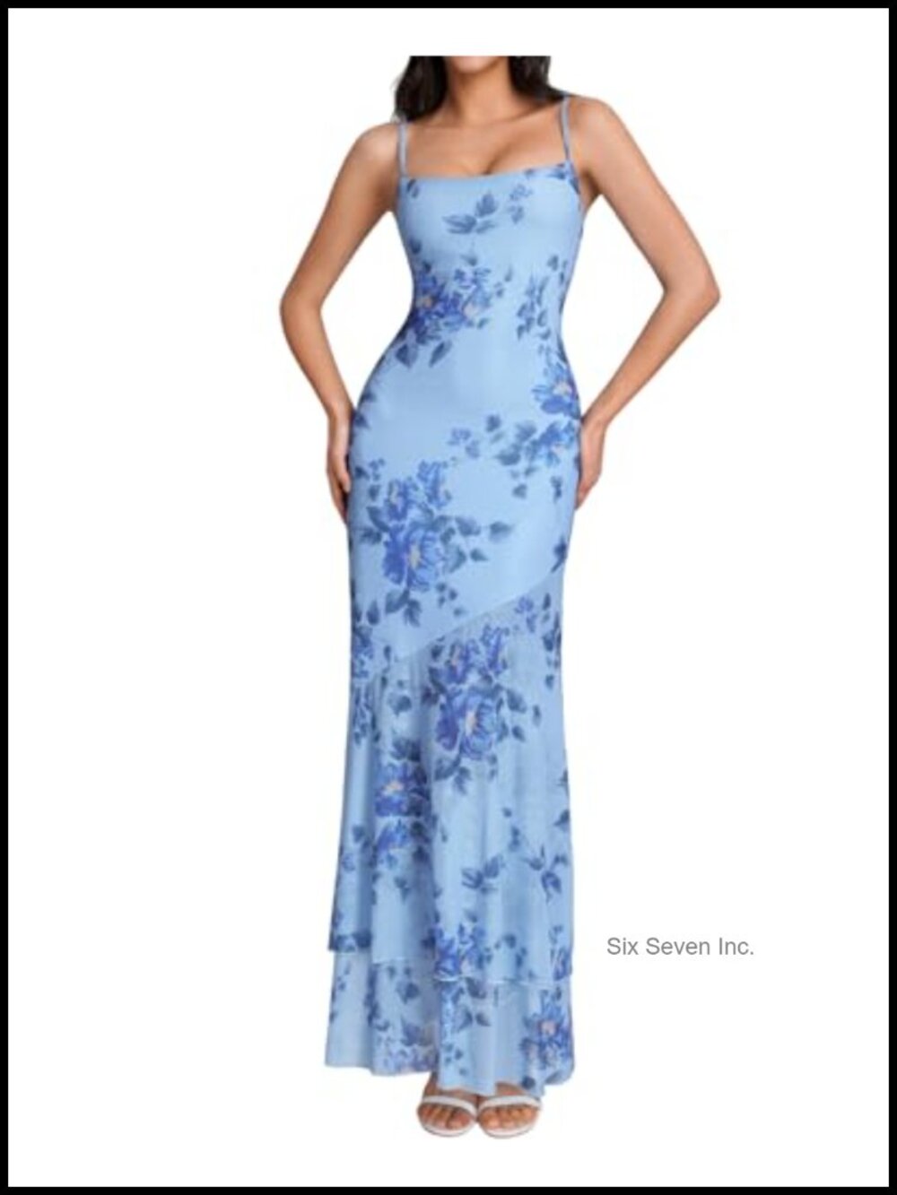 Women's Floral Mesh Bodycon Maxi Dress Spaghetti Strap Wedding Guest